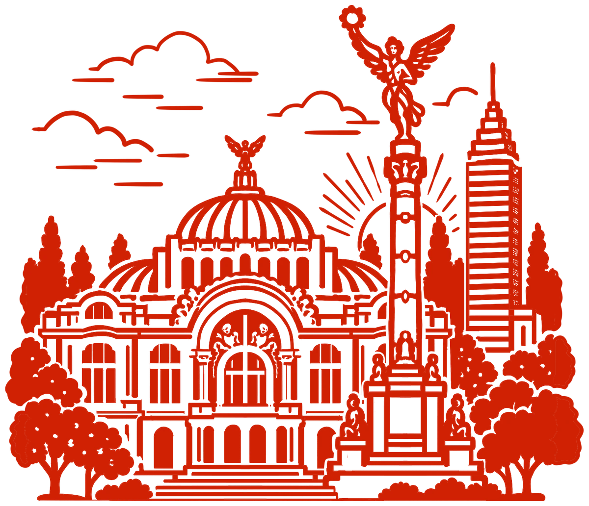 Illustration of Mexico City landmarks: the Palacio de Bellas Artes and the Angel of Independence